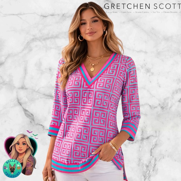 Gretchen Scott Tops - Gretchen Scott Women's Small Pink Turquoise Greek‎ Key V-Neck Tunic Top Resort